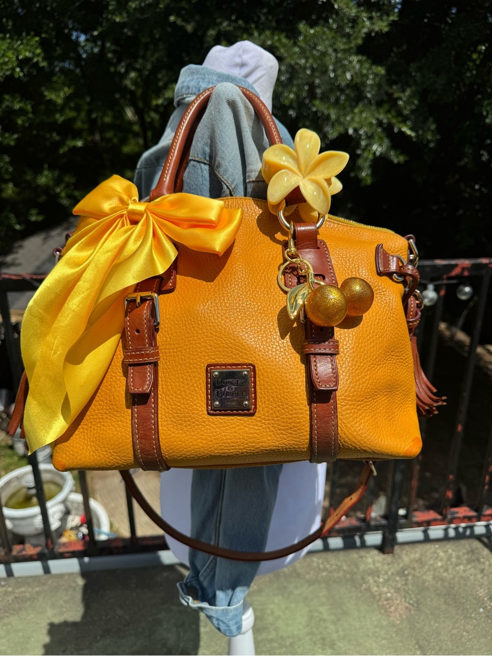 Dooney & Bourke Yellow Pebble Leather Satchel with Brown Trim
